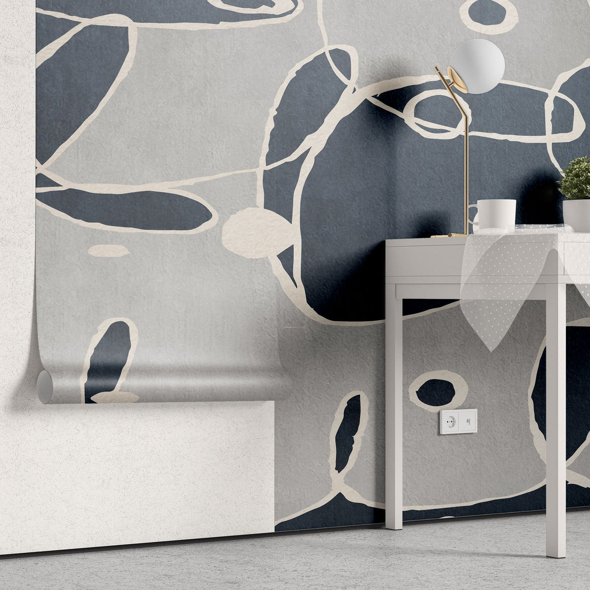 Tapet personalizat abstract cu forme si linii abstracte in nuante de albastru si gri doodle