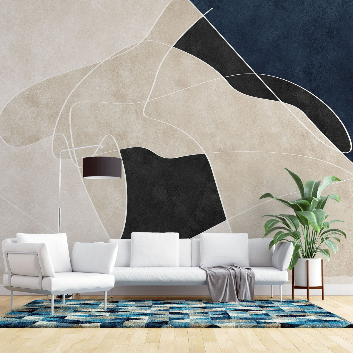 Tapet personalizat abstract cu linii abstracte in nuante de bej, albastru si negru line art 