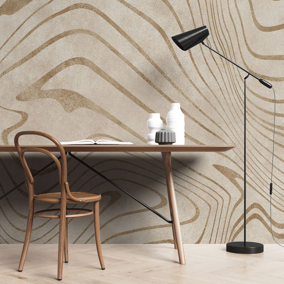 Tapet personalizat abstract cu forma abstracta in nuante de bej moving sands