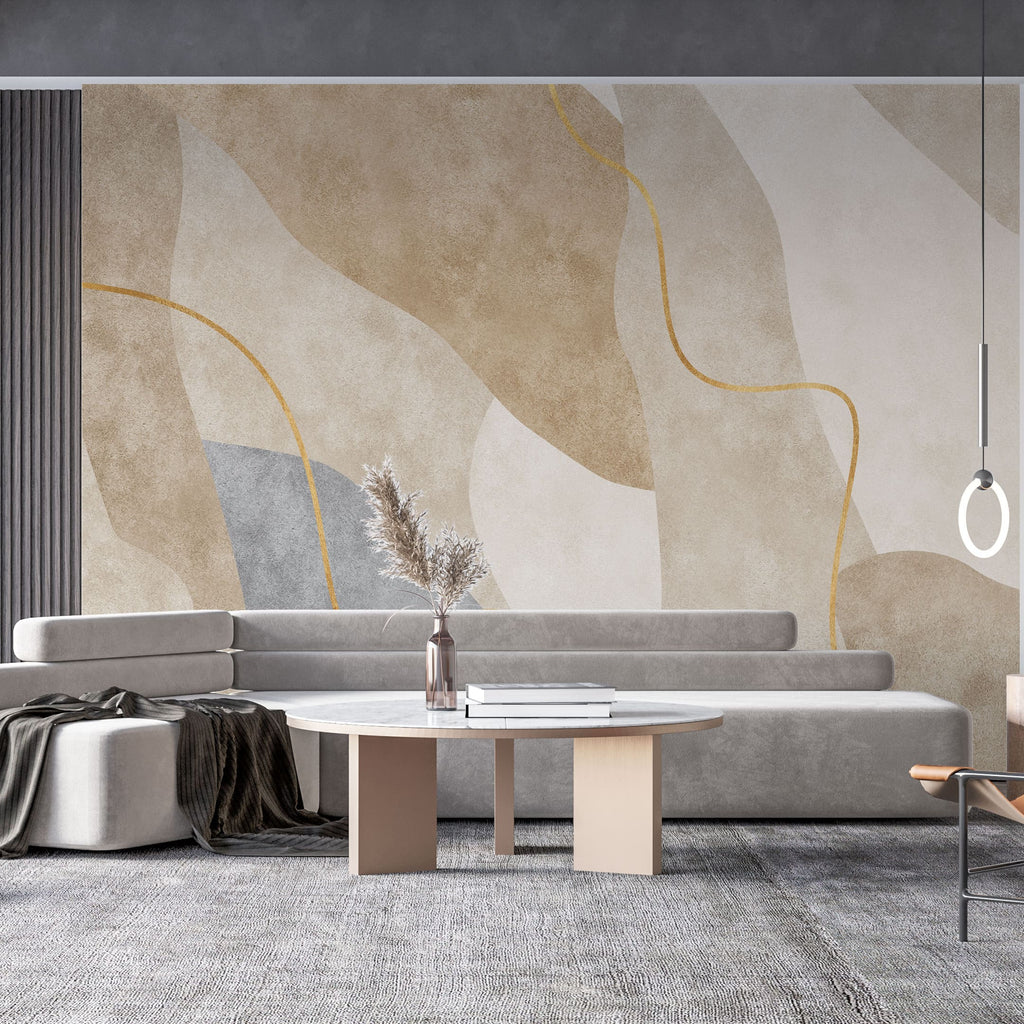 Tapet personalizat abstract cu forma abstracta in nuante de bej cu detalii aurii sleek