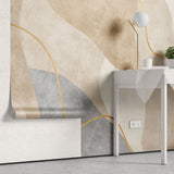 Tapet personalizat abstract cu forma abstracta in nuante de bej cu detalii aurii sleek