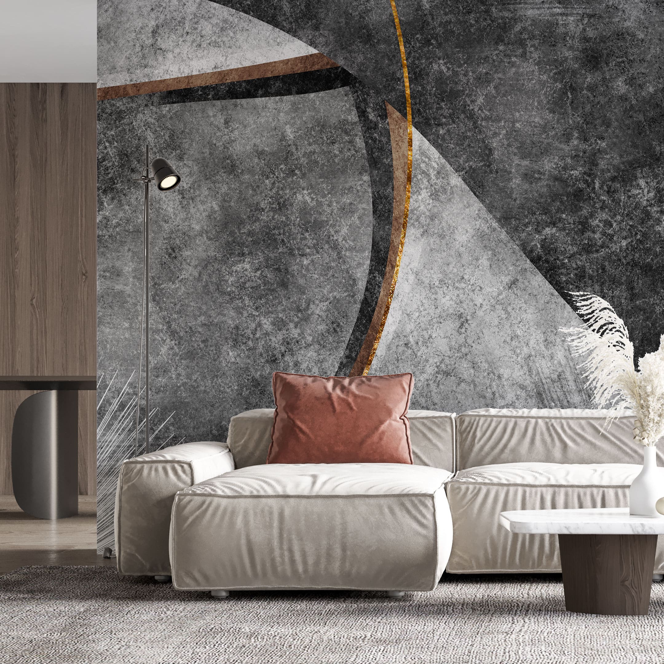 Tapet personalizat abstract cu model abstract in nuante de gri si insertii de bronz stylish grey