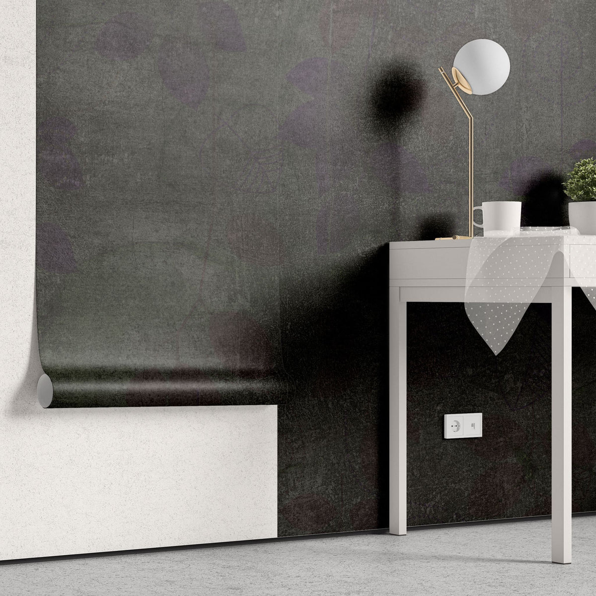 Tapet personalizat abstract cu frunze mov si verzi pe un fundal inchis deep dark contrast