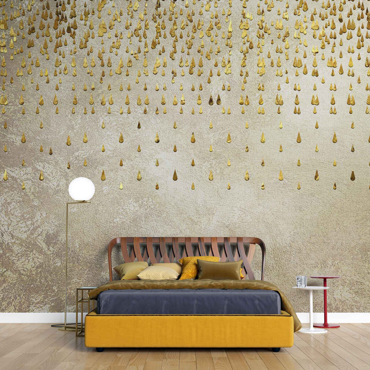 Tapet personalizat abstract cu textura de perete si picaturi aurii golden droplets