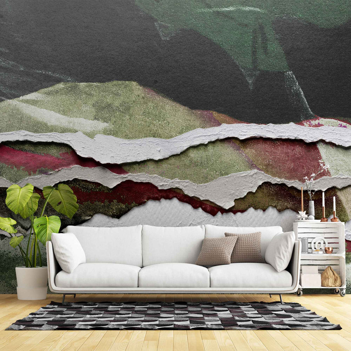 Tapet personalizat abstract cu textura de carton multicolor rupt in forma de valuri cartboard waves