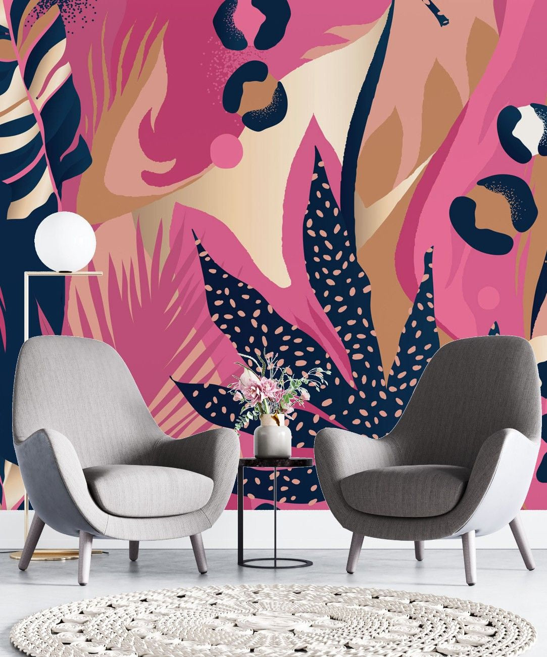 Tapet personalizat abstract cu forme abstracte in nuante de roz tropical aducand o explozie de culoare si energie tropical pink