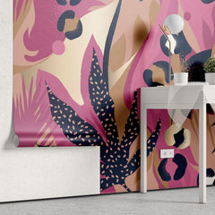 Tapet personalizat abstract cu forme abstracte in nuante de roz tropical aducand o explozie de culoare si energie tropical pink