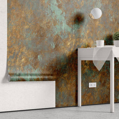 Tapet personalizat abstract cu o textura de piatra aramie cu accente turcoaz oferind un aspect industrial si artistic rusty turquoise