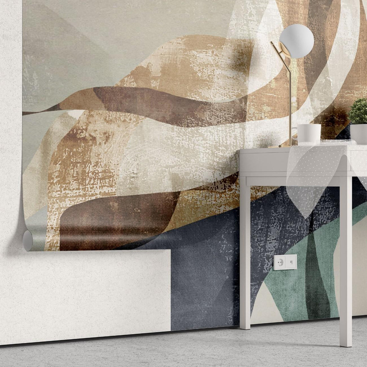 Tapet personalizat abstract cu fragmente in nuante de sienna aducand un aspect textural si o caldura pamantie sienna fragments
