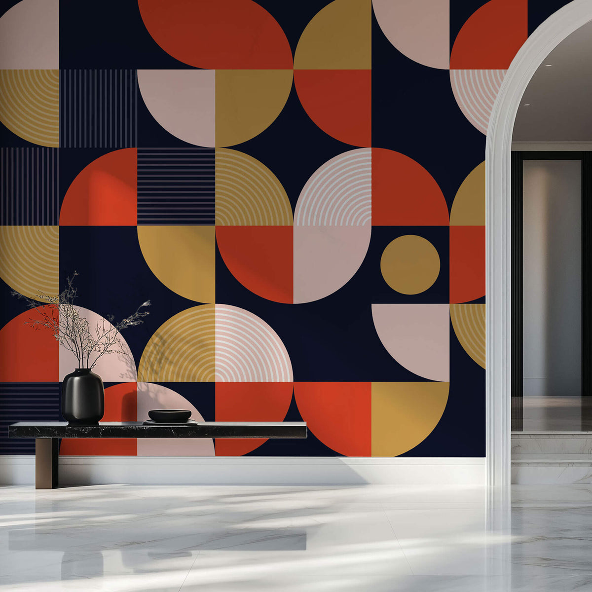 Tapet Personalizat Abstract cu un model neo-geometric in nuante de rosu albastru inchis si roz - NEO GEOMETRIC