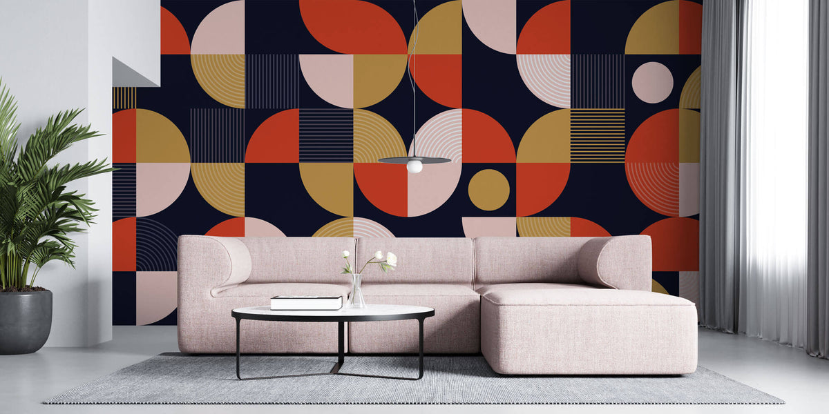 Tapet Personalizat Abstract cu un model neo-geometric in nuante de rosu albastru inchis si roz - NEO GEOMETRIC
