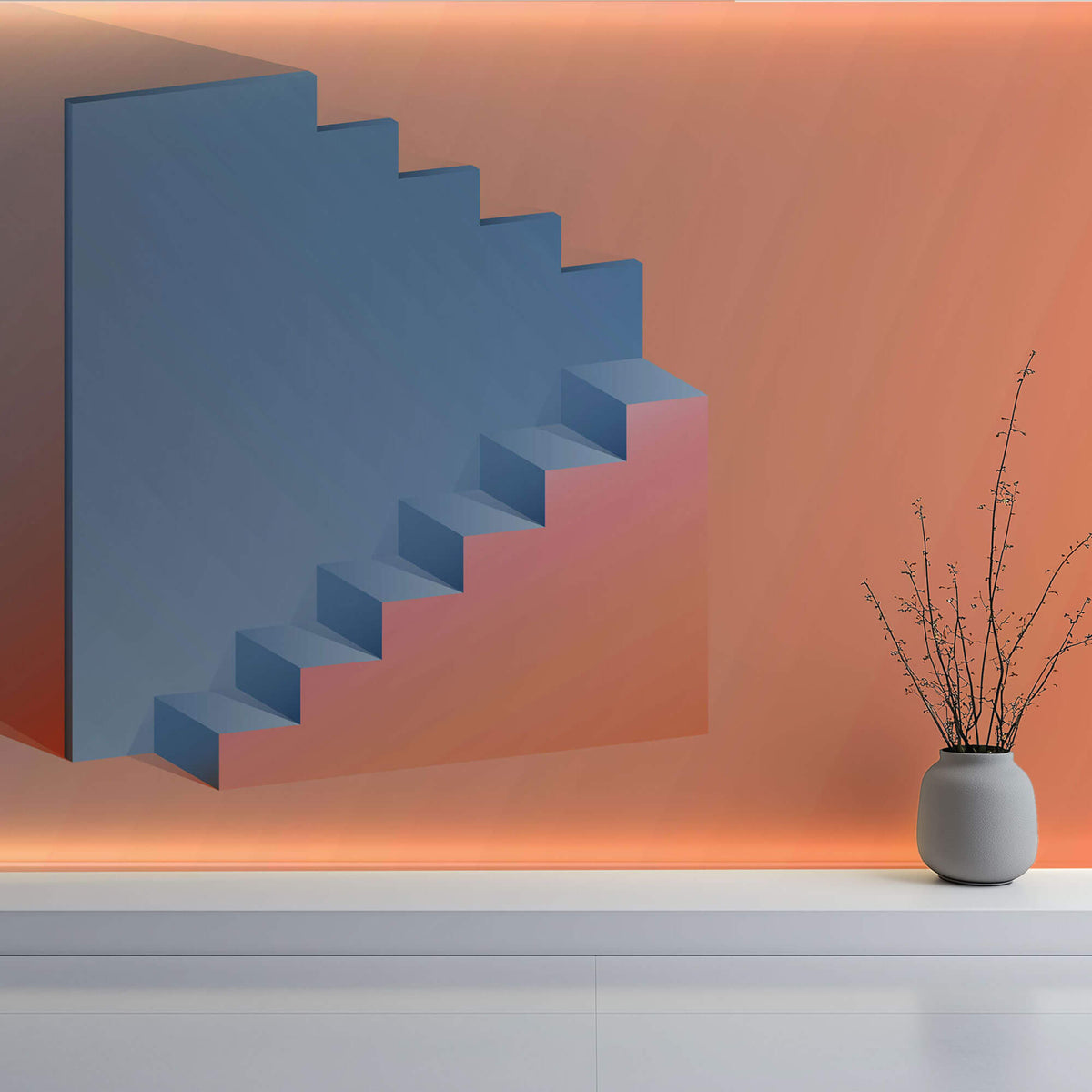 Tapet Personalizat Abstract cu scari abstracte iluzorice in nuante de portocaliu si albastru - ILLUSION STAIRS