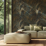 Tapet Personalizat Abstract cu ramuri aurii pe un fundal verde inchis - GOLDEN BRANCH