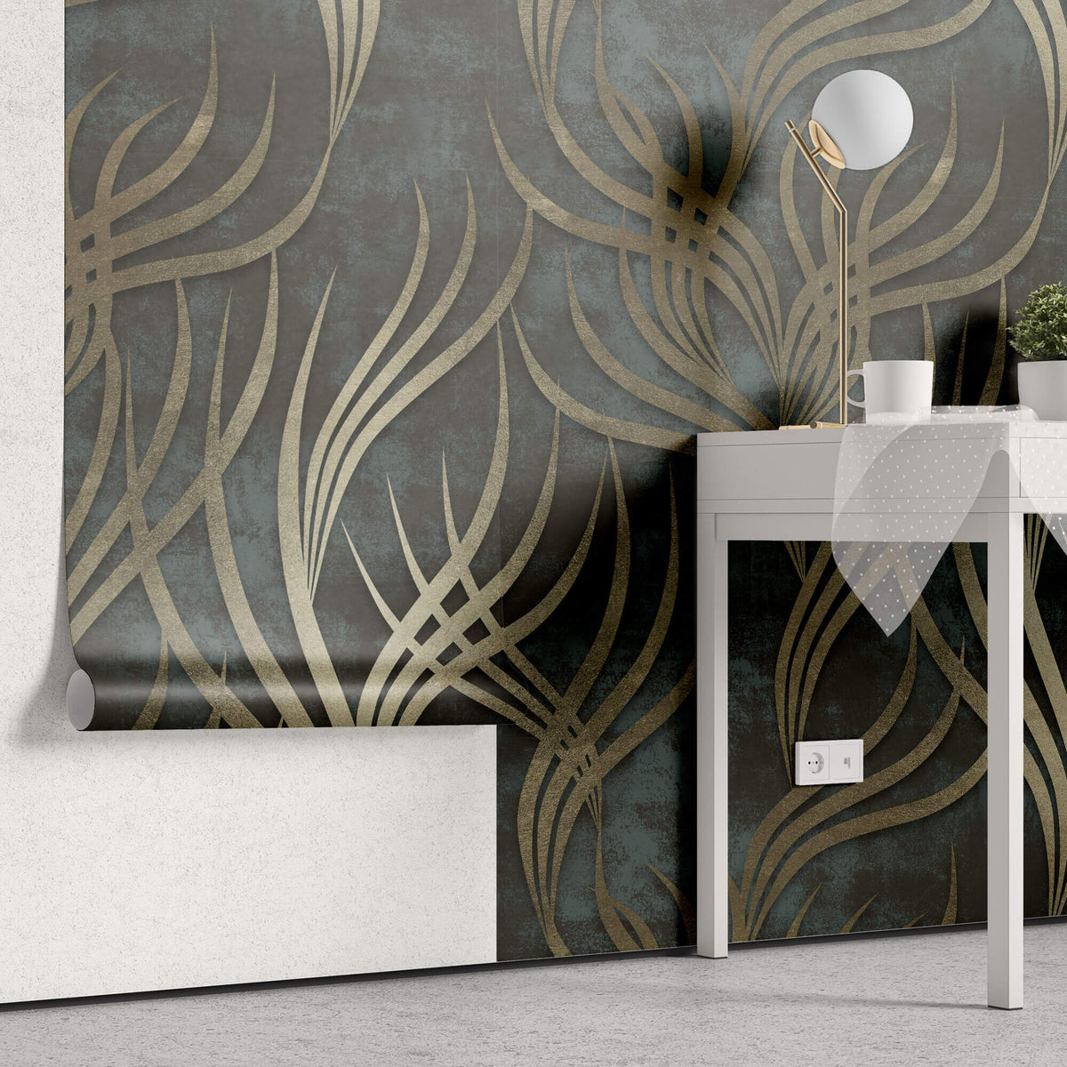 Tapet Personalizat Abstract cu ramuri aurii pe un fundal verde inchis - GOLDEN BRANCH