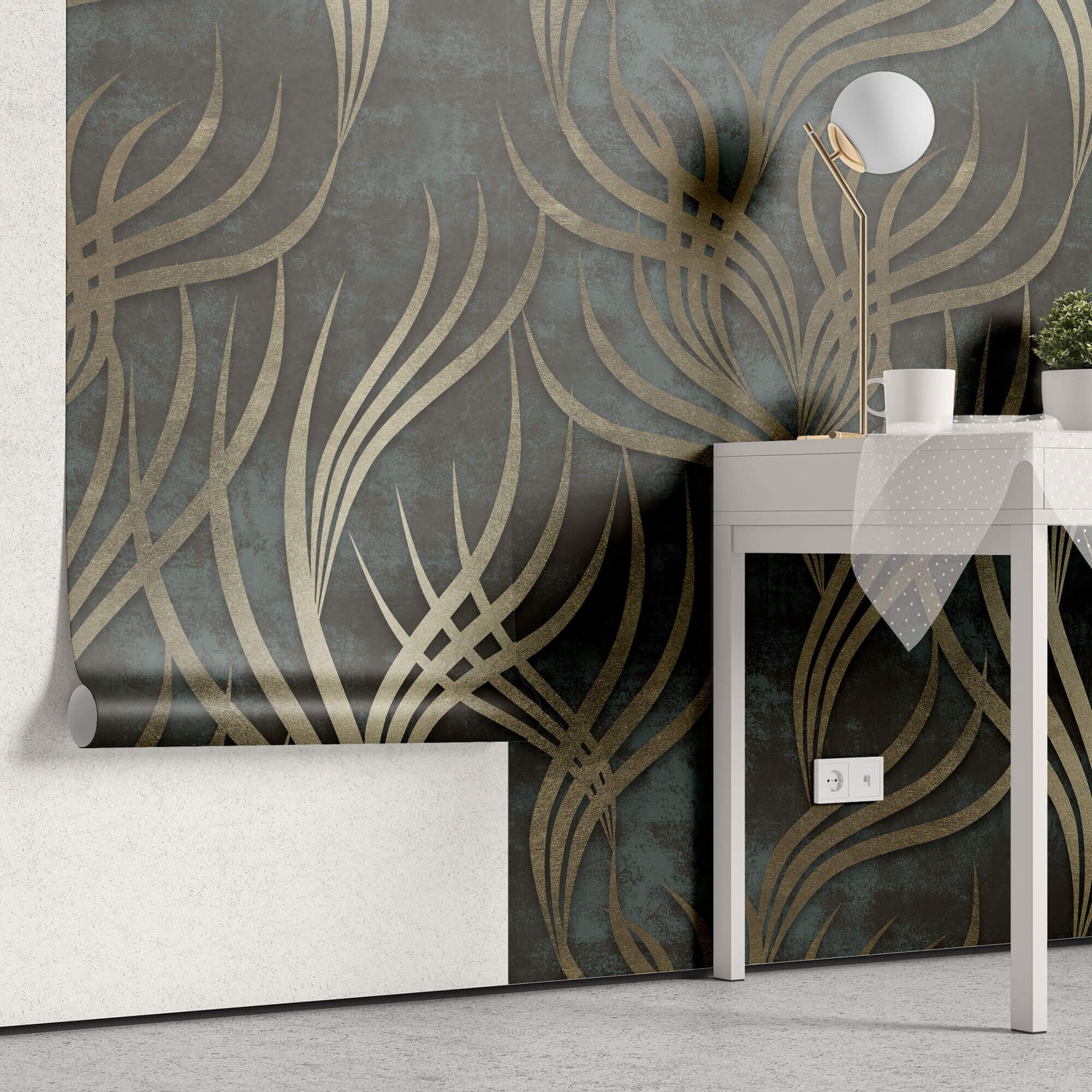 Tapet Personalizat Abstract cu ramuri aurii pe un fundal verde inchis - GOLDEN BRANCH