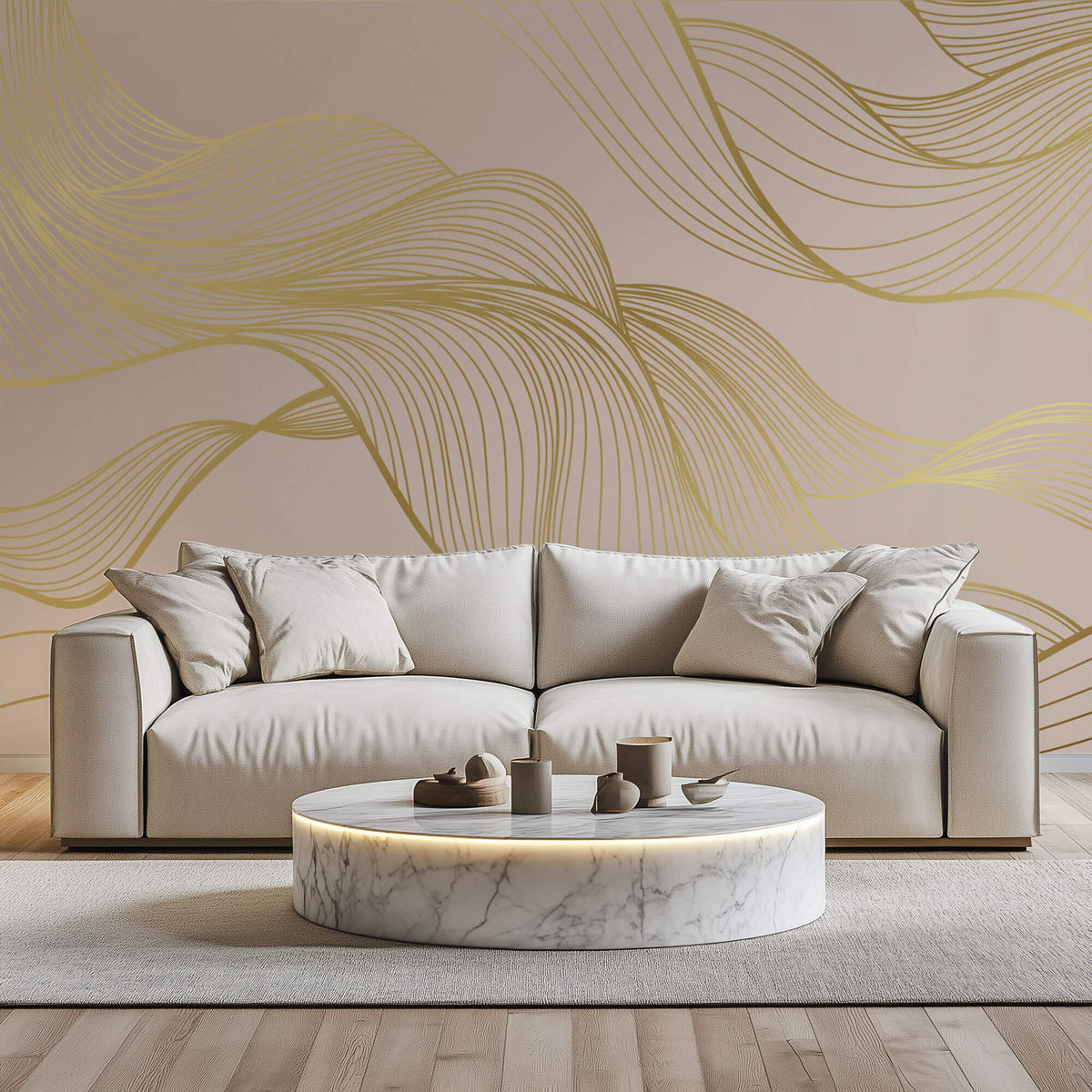 Tapet Personalizat Abstract cu unde aurii pe un fundal roz - SOFT GODDESS