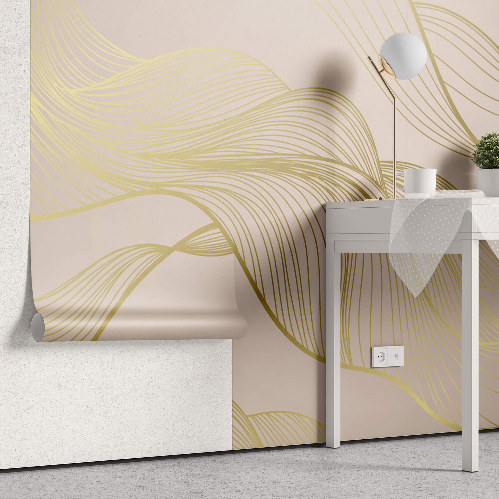 Tapet Personalizat Abstract cu unde aurii pe un fundal roz - SOFT GODDESS