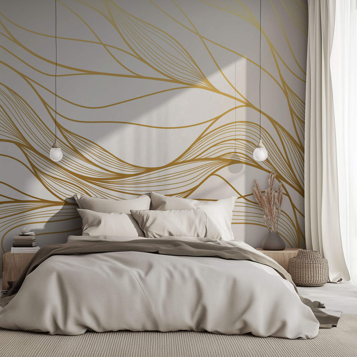 Tapet Personalizat Abstract cu frunze abstracte aurii - LEAF WAVES