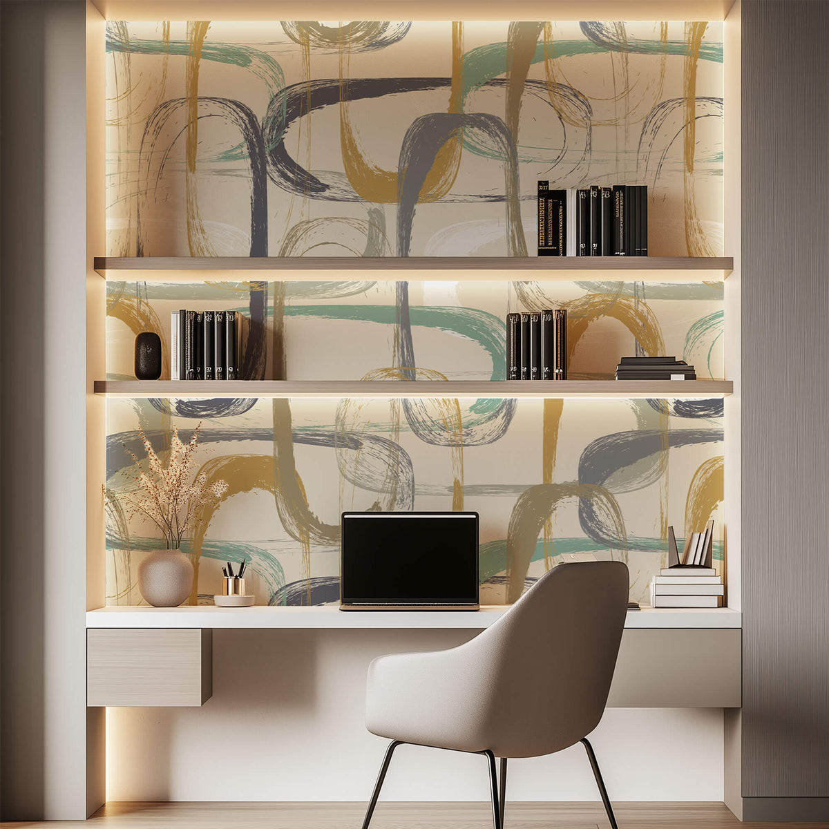 Tapet Personalizat Abstract cu pictura abstracta in nuante verde si galben mustar - DRY BRUSH