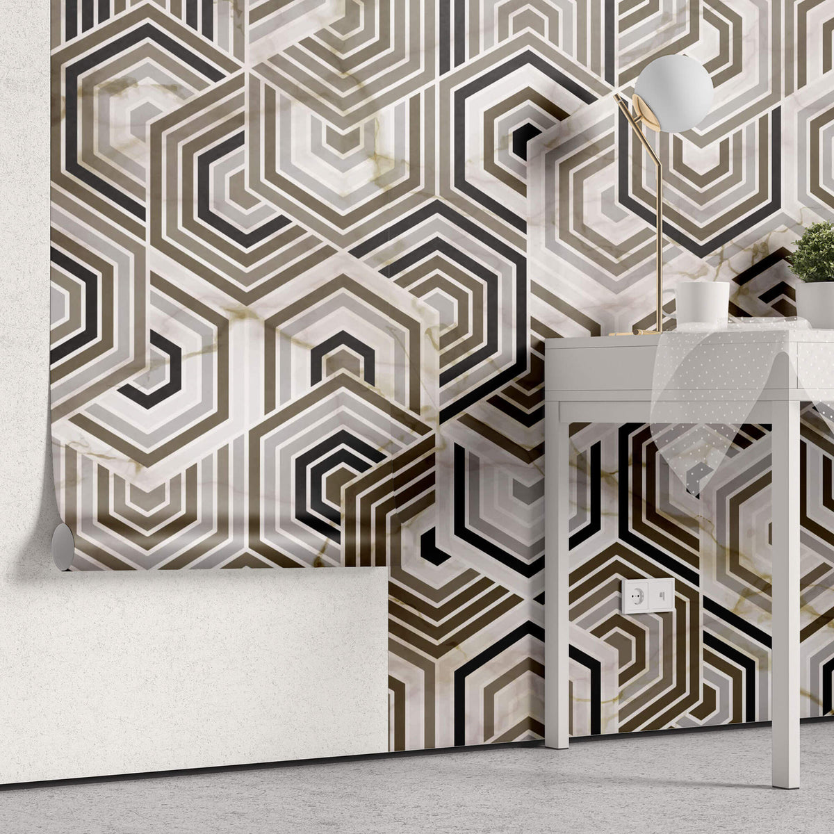 Tapet Personalizat Abstract cu mozaic hexagonal din marmura bej si maro - ARABIAN NIGHTS