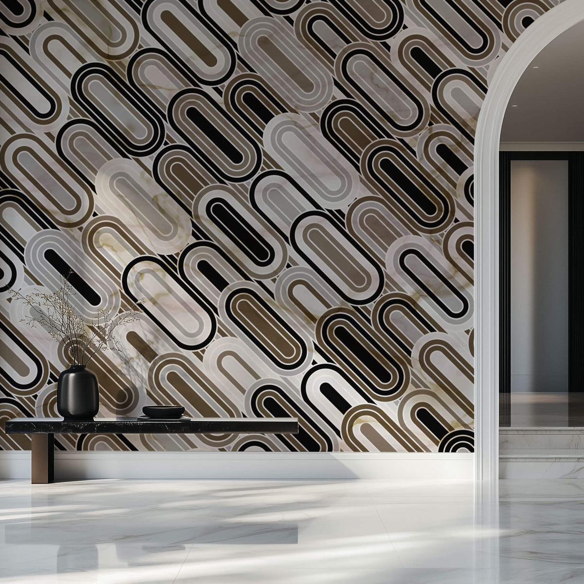 Tapet Personalizat Abstract cu mozaic oval din marmura bej si maro - CLIFF MARBLE