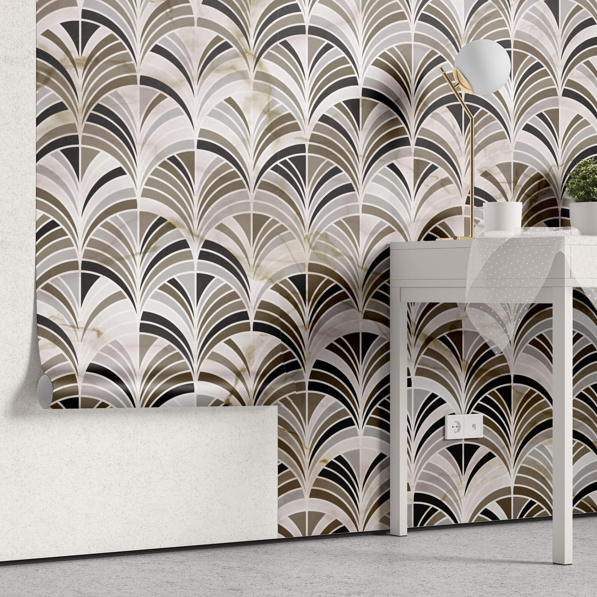 Tapet Personalizat Abstract cu mozaic evantai din marmura bej si maro - FAN MARBLE