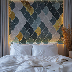 Tapet Personalizat Abstract cu solzi abstracti in nuante de gri albastru si auriu - BLUE GOLDEN FLAKES