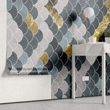 Tapet Personalizat Abstract cu solzi abstracti in nuante de gri albastru si auriu - BLUE GOLDEN FLAKES