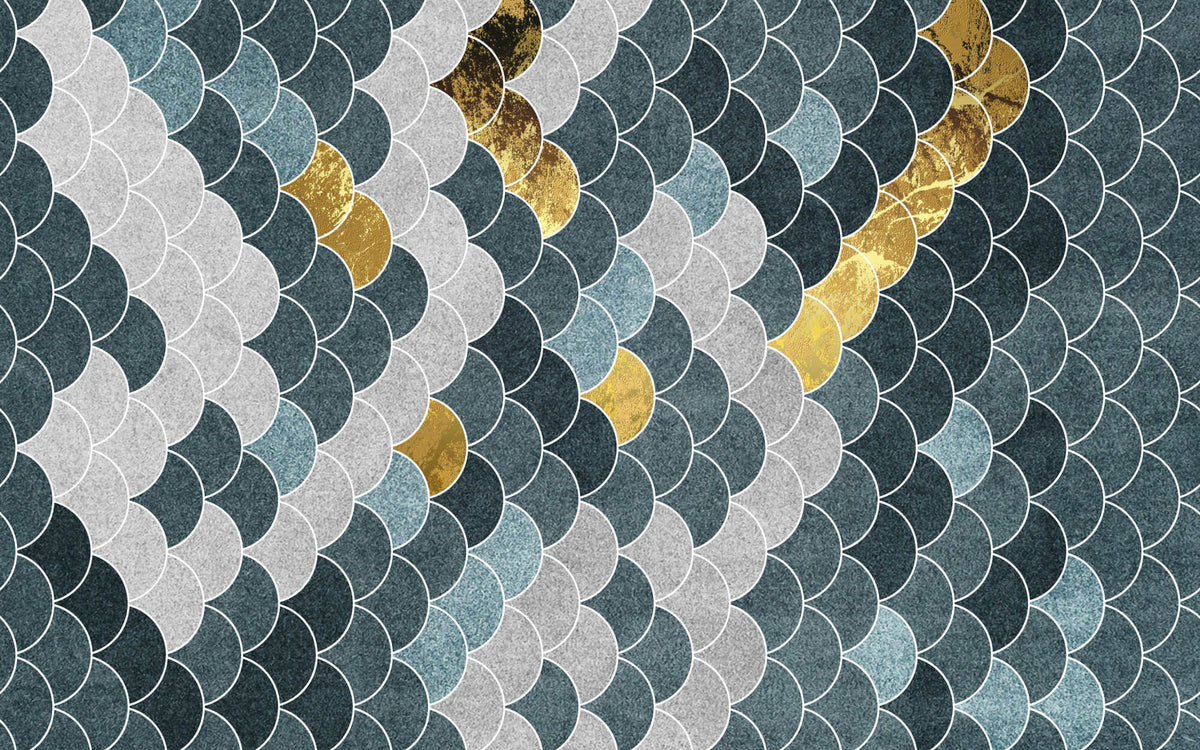 Tapet Personalizat Abstract cu solzi abstracti in nuante de gri albastru si auriu - BLUE GOLDEN FLAKES