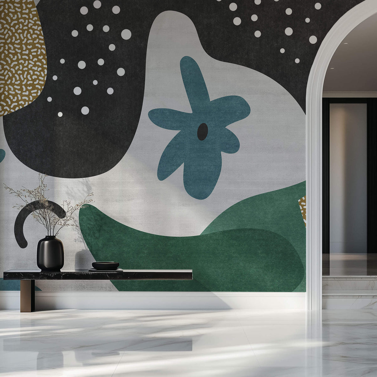 Tapet Personalizat Abstract cu elemente jucause colorate in nuante de negru si verde - PLAYFUL ABSTRACT