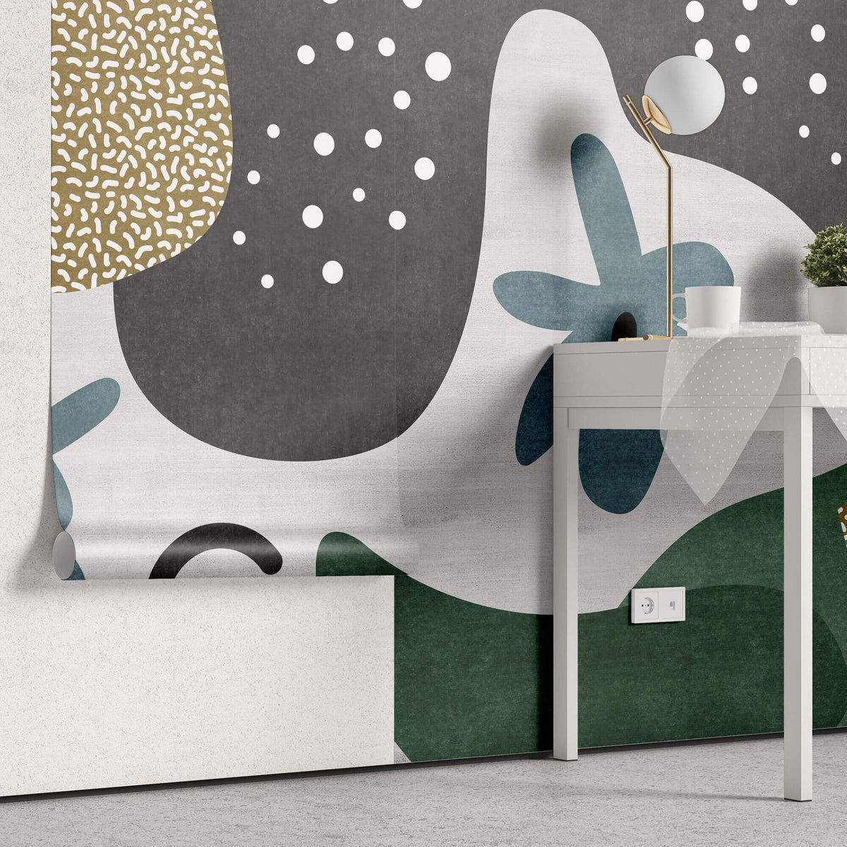 Tapet Personalizat Abstract cu elemente jucause colorate in nuante de negru si verde - PLAYFUL ABSTRACT