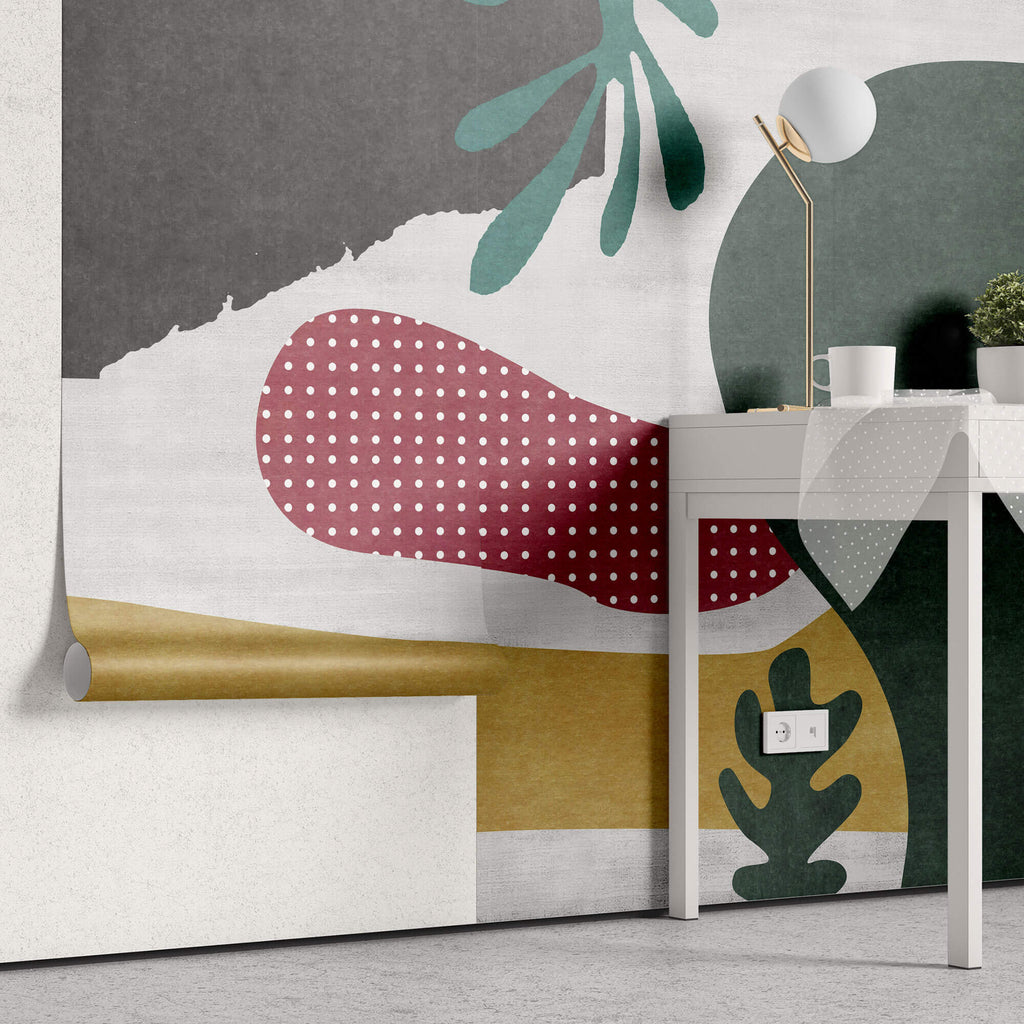 Tapet Personalizat Abstract cu elemente jucause colorate in nuante de rosu si verde - FOREST GREEN COLLAGE
