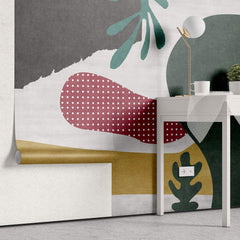 Tapet Personalizat Abstract cu elemente jucause colorate in nuante de rosu si verde - FOREST GREEN COLLAGE