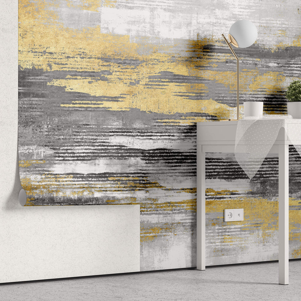 Tapet Personalizat Abstract cu plaster decorativ in nuante de gri si auriu - STRIPE PLASTER
