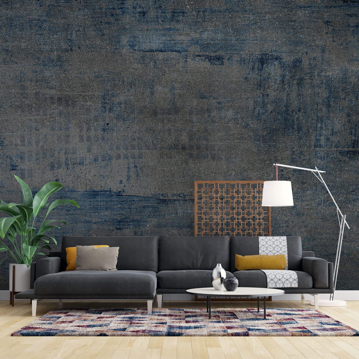 Tapet Personalizat Abstract cu piatra gri si insertii albastre - OLD BLUE FABRIC
