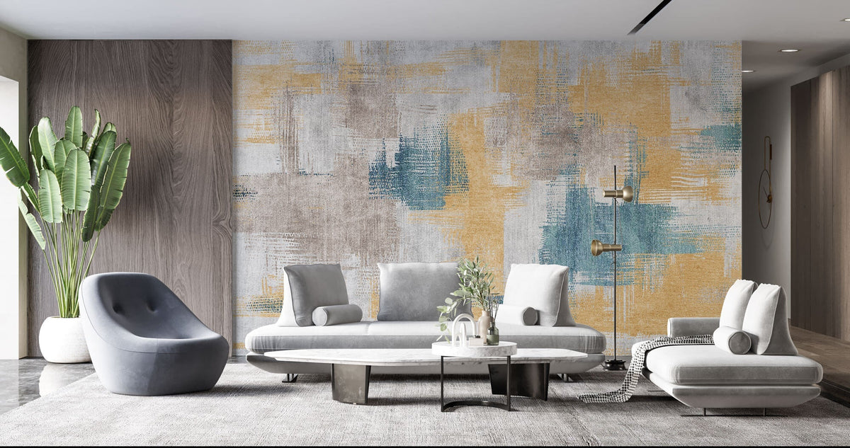 Tapet Personalizat Abstract cu mix de texturi in nuante albastre si aurii - PAINTED TEXTILE