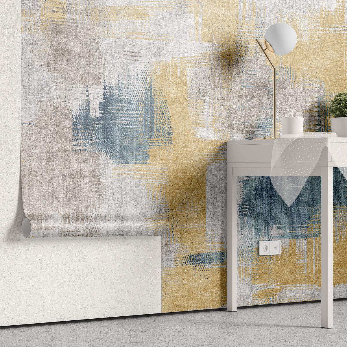 Tapet Personalizat Abstract cu mix de texturi in nuante albastre si aurii - PAINTED TEXTILE