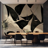 Tapet Personalizat Abstract cu design estetic modern cu frunze negre si fundal crem - ABSTRACT BLACK LEAVES