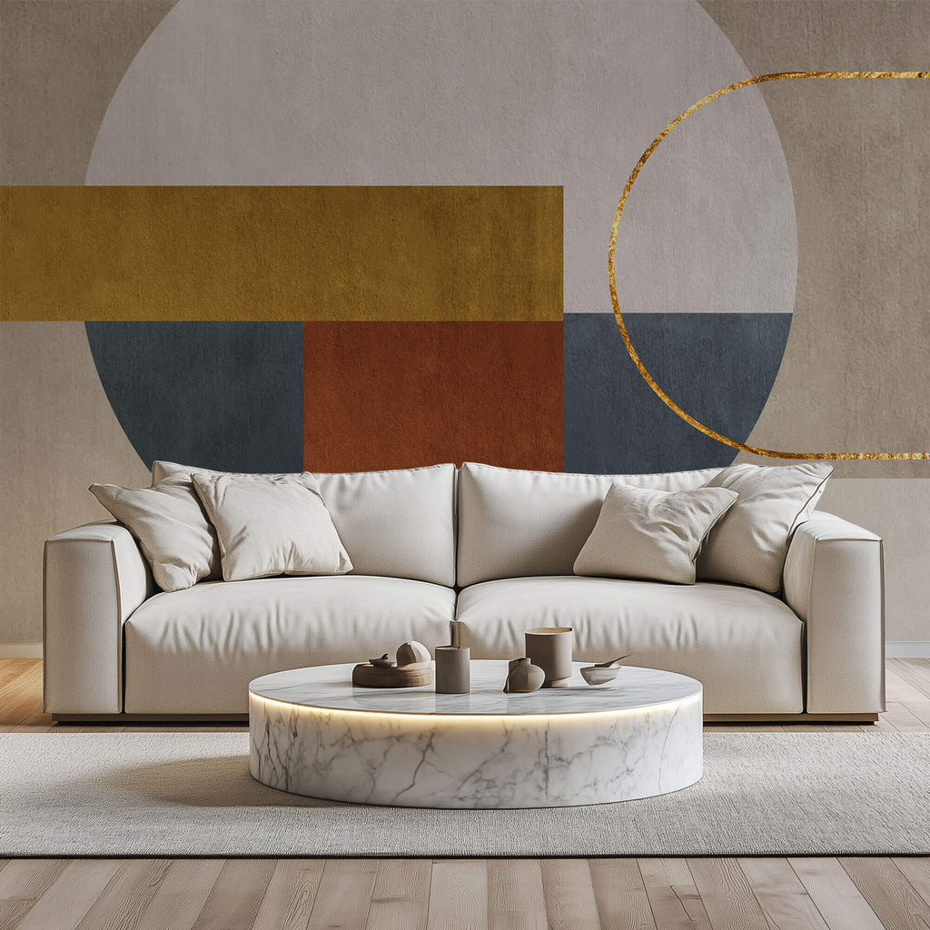 Tapet Personalizat Abstract cu forme geometrice cu textura si insertie aurie - GOLD ARCH ACCENT