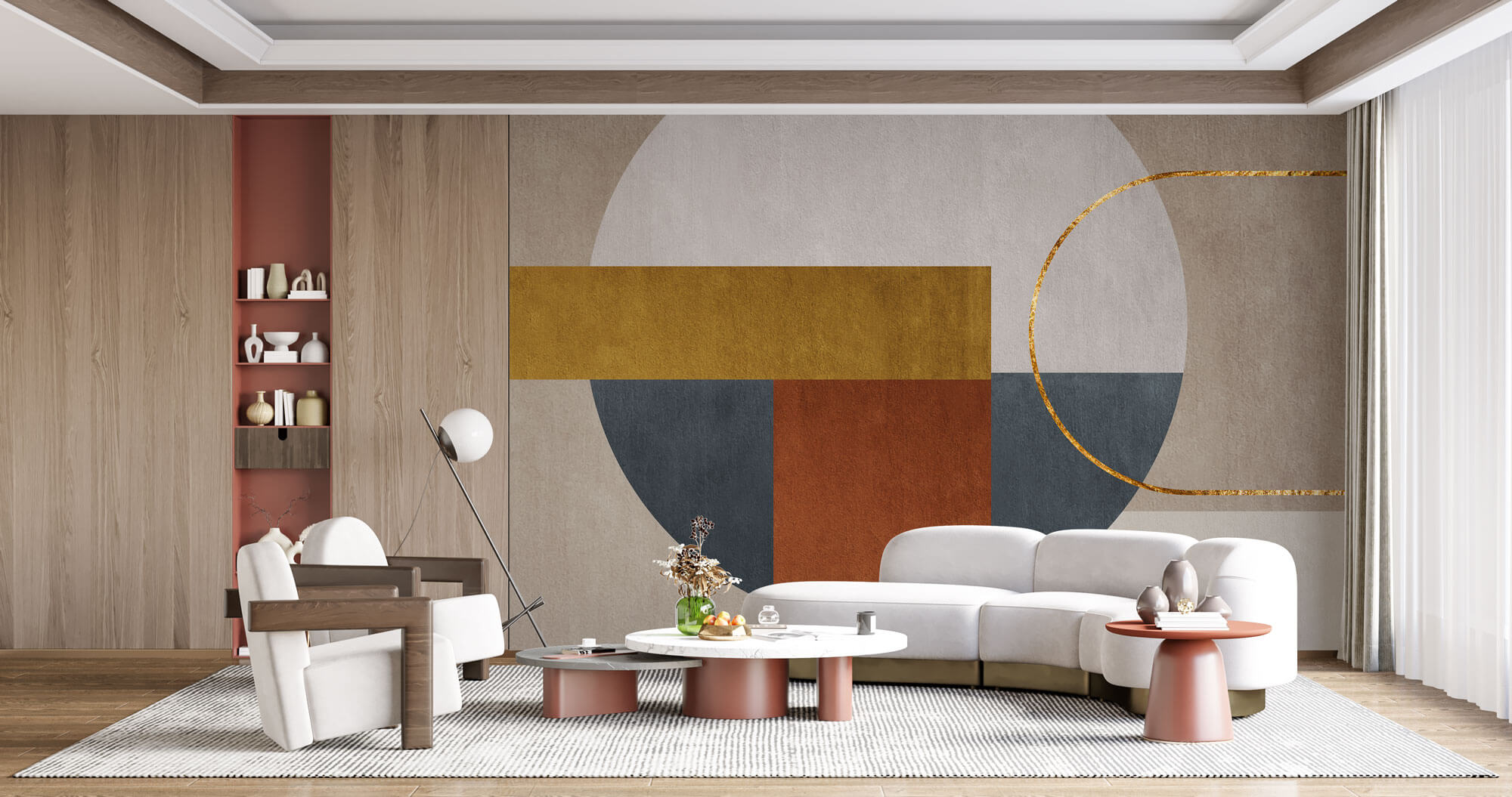 Tapet Personalizat Abstract cu forme geometrice cu textura si insertie aurie - GOLD ARCH ACCENT