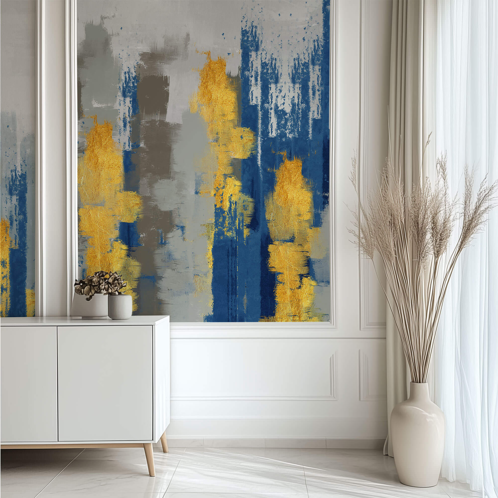 Tapet Personalizat Abstract cu fundal de canvas pictat cu nuante de albastru si auriu - TOUCH PAINT