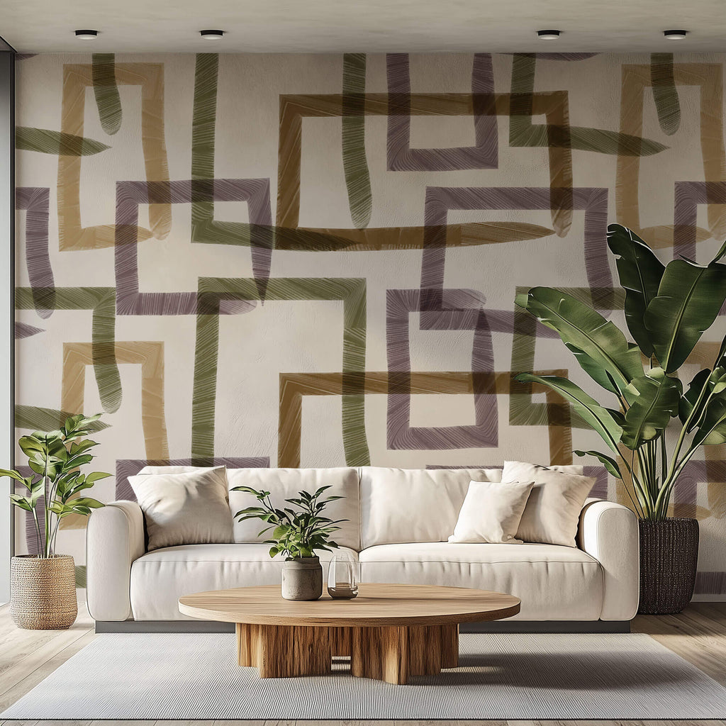Tapet Personalizat Abstract cu dreptunghiuri texturate in nuante maronii verzi si mov - CHAIN PAINT