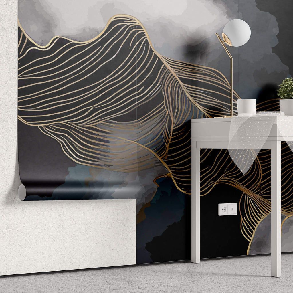 Tapet Personalizat Abstract cu nori si insertii aurii - MIDNIGHT WAVES