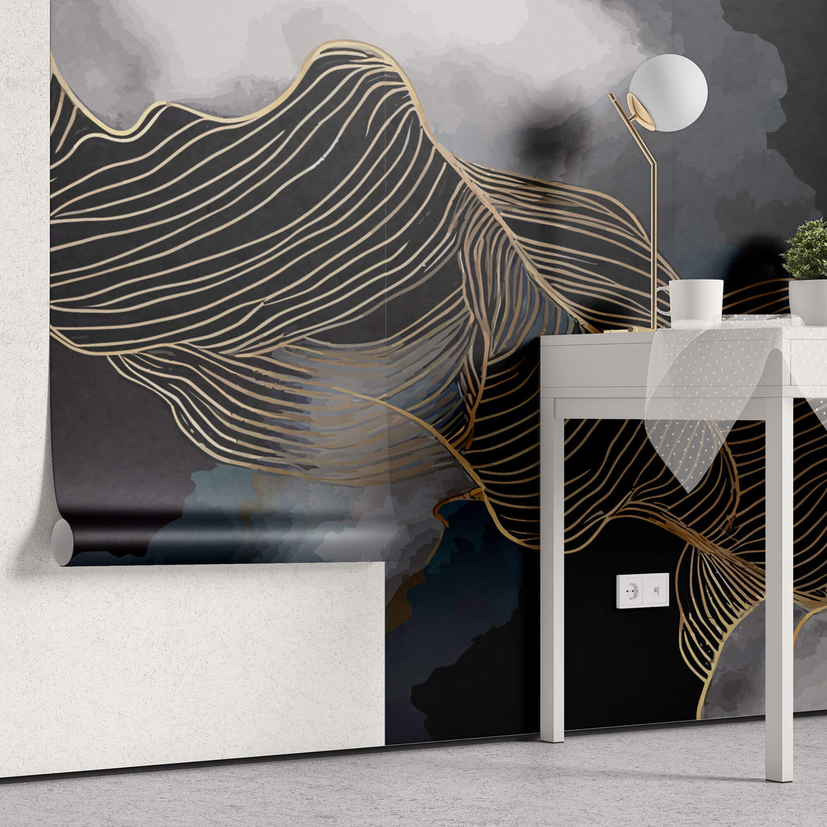 Tapet Personalizat Abstract cu nori si insertii aurii - MIDNIGHT WAVES