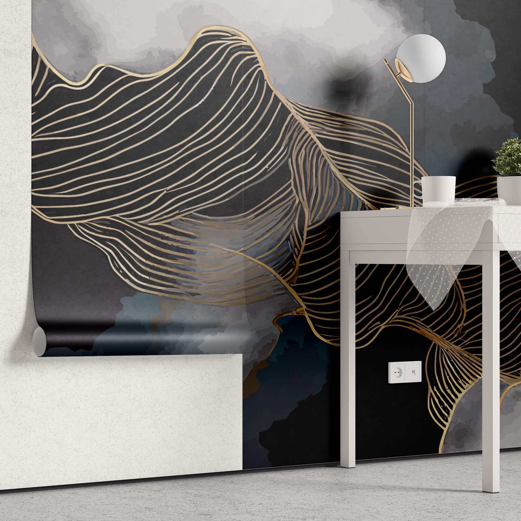 Tapet Personalizat Abstract cu nori si insertii aurii - MIDNIGHT WAVES