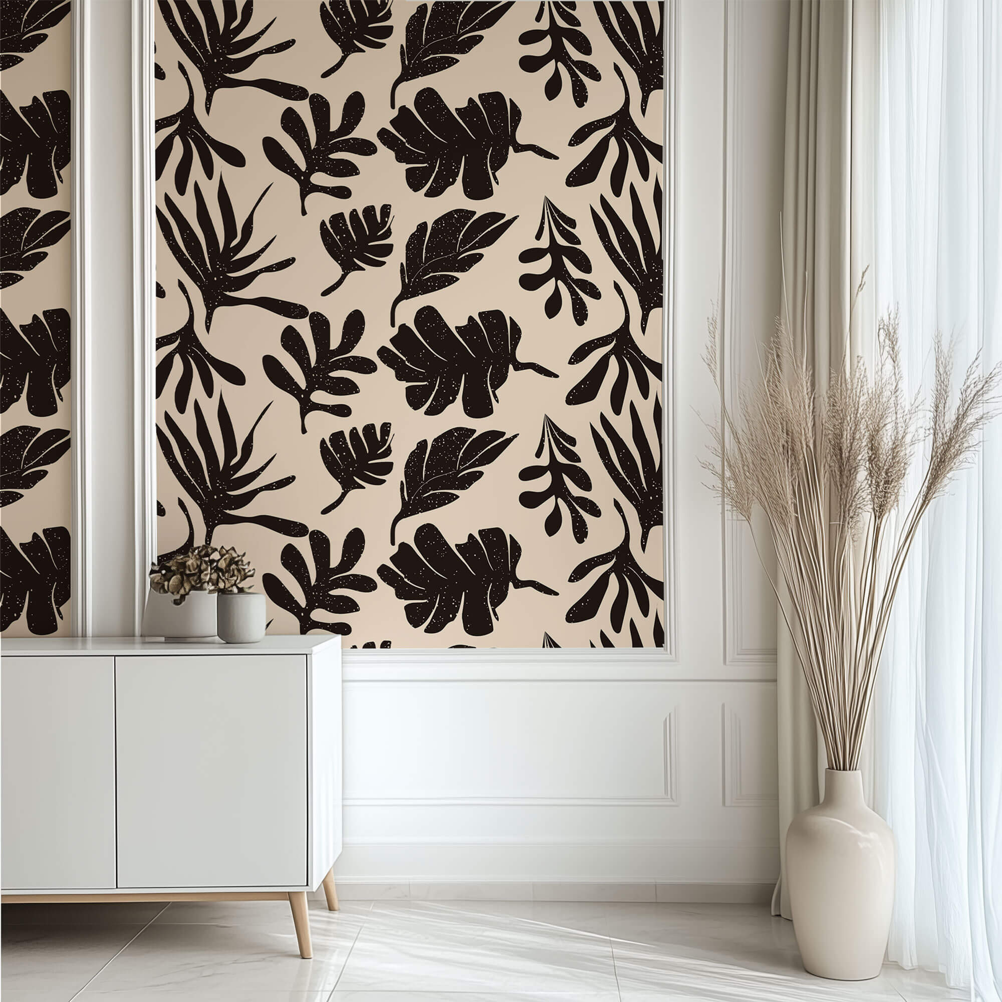 Tapet Personalizat Abstract cu frunze tropicale pe un fundal roz - LEAF STAMP