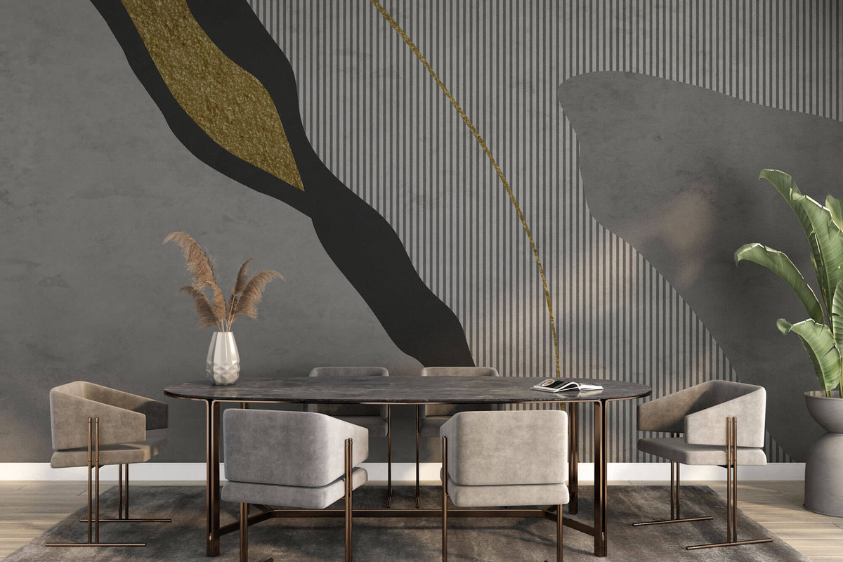Tapet Personalizat Abstract cu elemente intr-o incadrare eleganta abstracta in nuante de gri si insertii aurii cu fundal texturat uniform - MODERN ELEGANCE