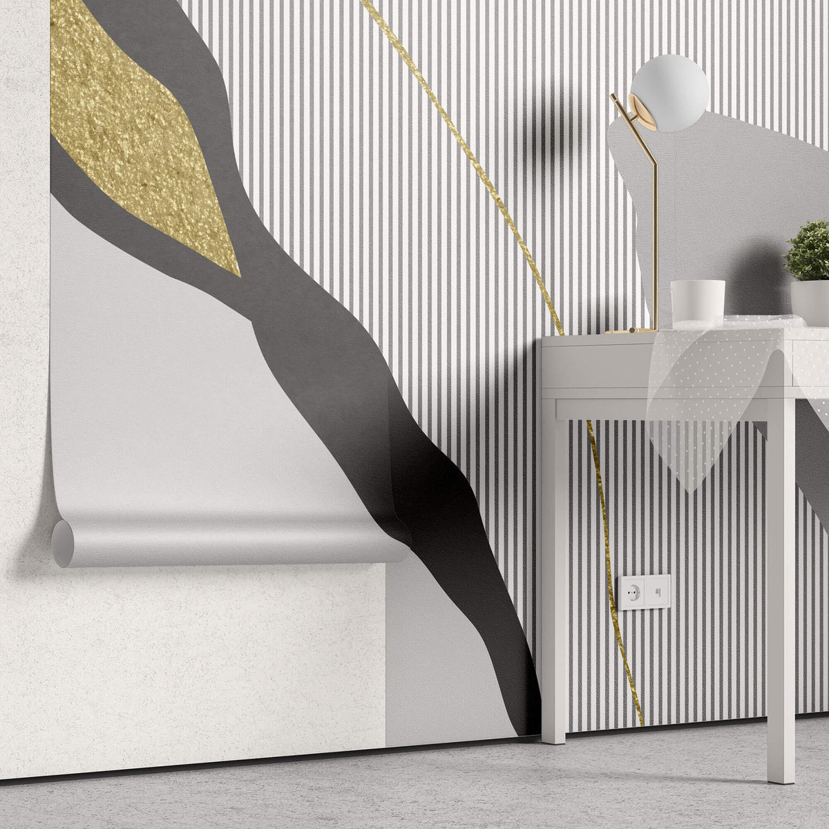 Tapet Personalizat Abstract cu elemente intr-o incadrare eleganta abstracta in nuante de gri si insertii aurii cu fundal texturat uniform - MODERN ELEGANCE