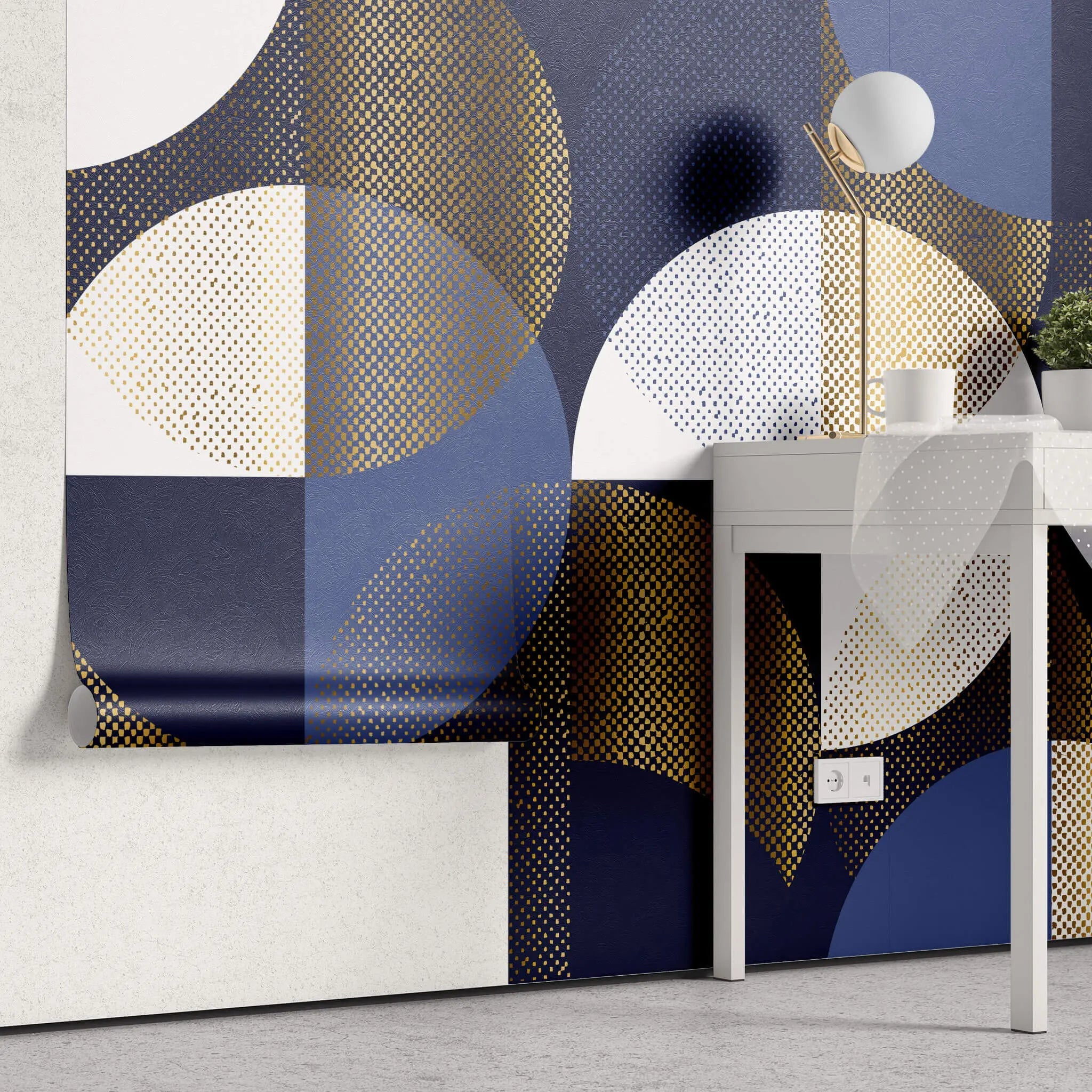 Tapet personalizat art deco cu cercuri in nuante aurii bleumarin si alb golden art print