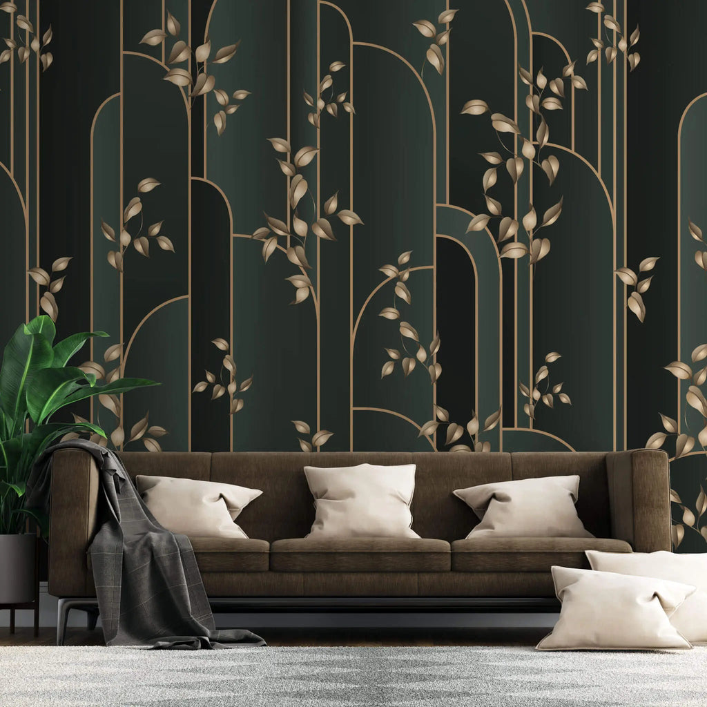 Tapet personalizat art deco cu insertii aurii pe un fundal verde inchis manami